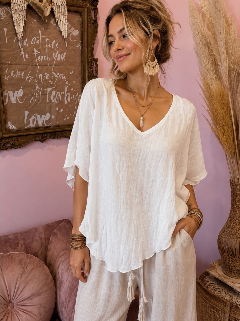 AB Studio White V-Neck Flutter Sleeve Blouse with Crochet Back- Boho Aesthetic